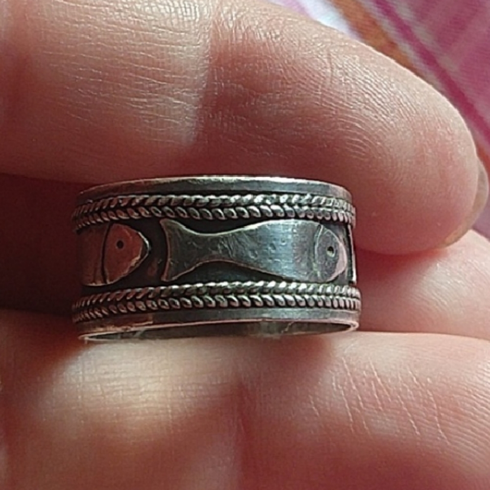 Fish ring wedding band cute 925 sterling silver wide band